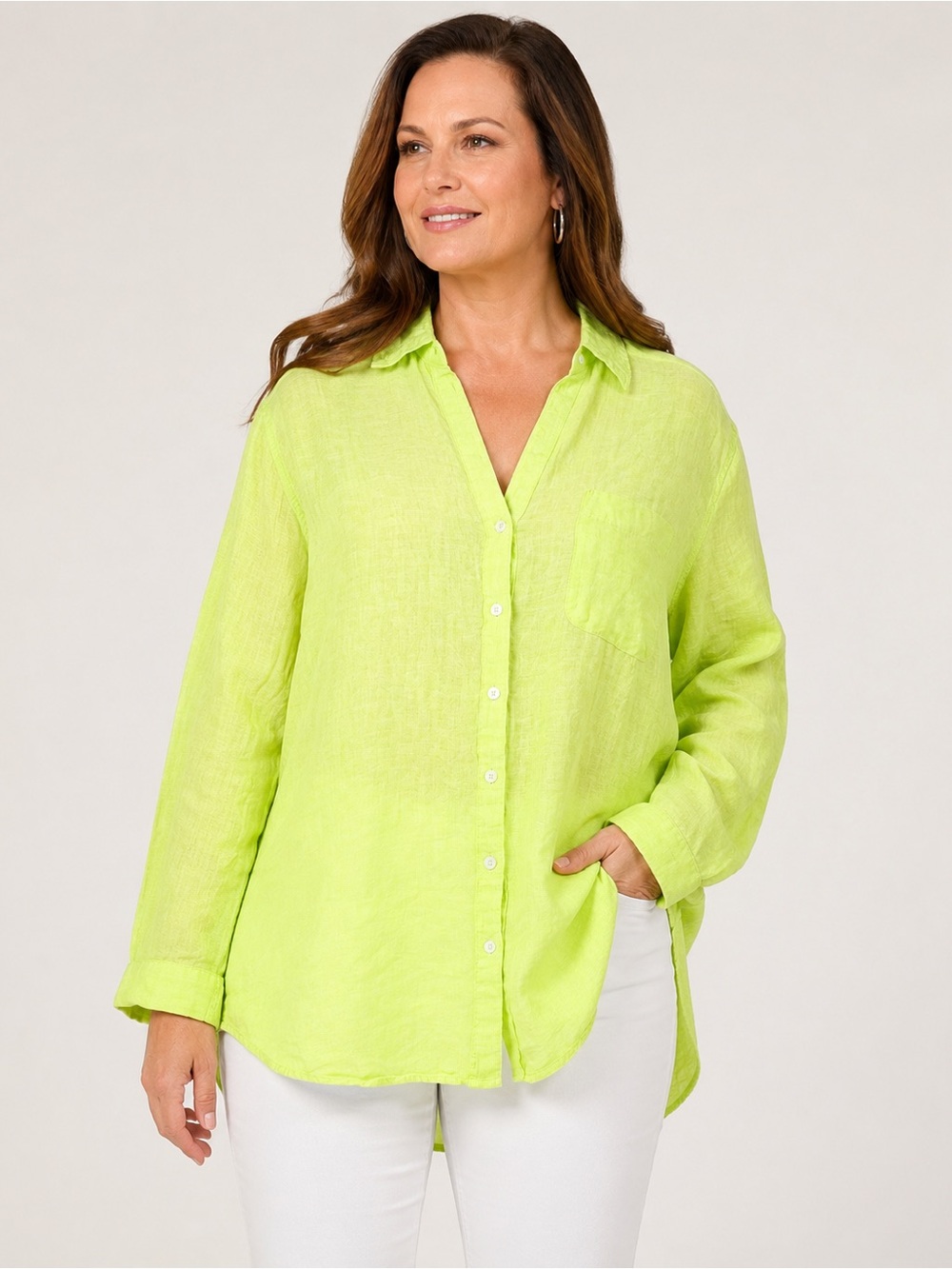 Sigrid Olsen Lime Green Linen V-Neck Relaxed Button-Down Tunic